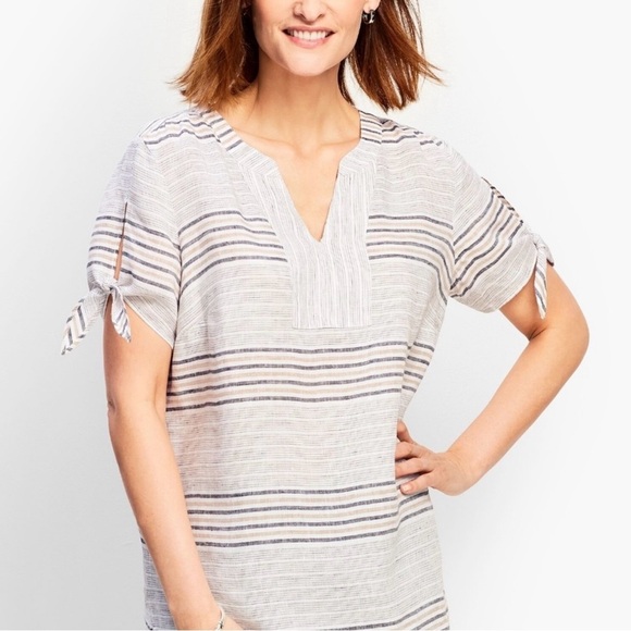 Talbots Womens Striped 100% Linen Tie-Sleeve Gray
Beige Top Size Medium - Picture 1 of 11